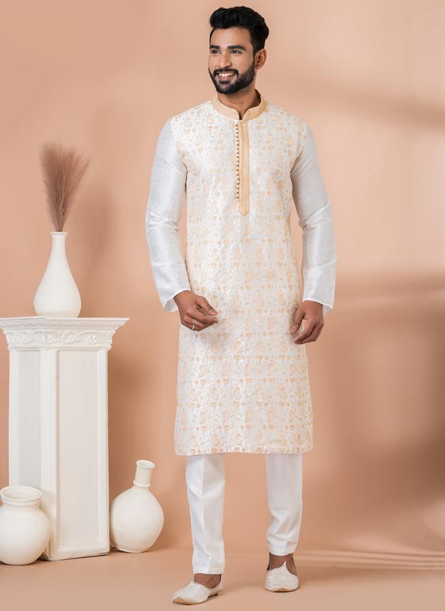 Banarasi Dhupion White Festival Wear Embroidery Work Kurta Pajama